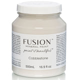 500mL Cobblestone Fusion Mineral Paint, warm grey, with label instructions and product details visible.
