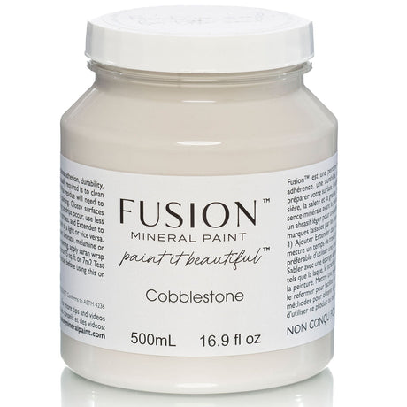 500mL Cobblestone Fusion Mineral Paint, warm grey, with label instructions and product details visible.