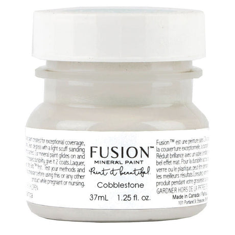 37mL Fusion Mineral Paint jar in Cobblestone, warm grey shade, with white lid and front label.