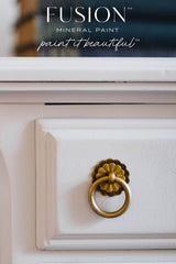 White drawer with brass pull; text on image: Cobblestone Fusion Mineral Paint—paint it beautiful.