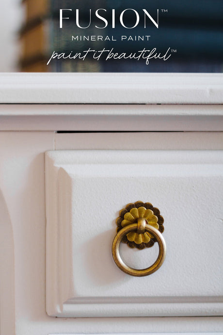 White drawer with brass pull; text on image: Cobblestone Fusion Mineral Paint—paint it beautiful.