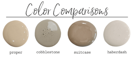 Old Fashioned Milk Paint taupe swatches: Proper, Cobblestone, Suitcase, and Haberdash side by side for comparison.