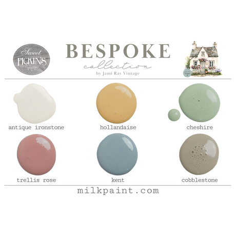 Six paint color samples, including taupe and Cobblestone from Old Fashioned Milk Paint’s Sweet Pickins line.