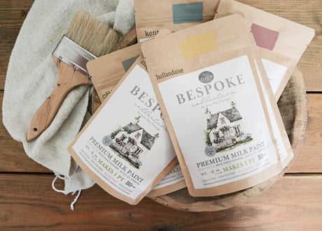 Cobblestone–Sweet Pickins Milk Paint by Old Fashioned Milk Paint on a plate with brush and cloth nearby.