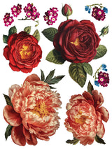 Collage De Fleurs Transfer by IOD featuring red roses, pink peonies, and pastel florals.