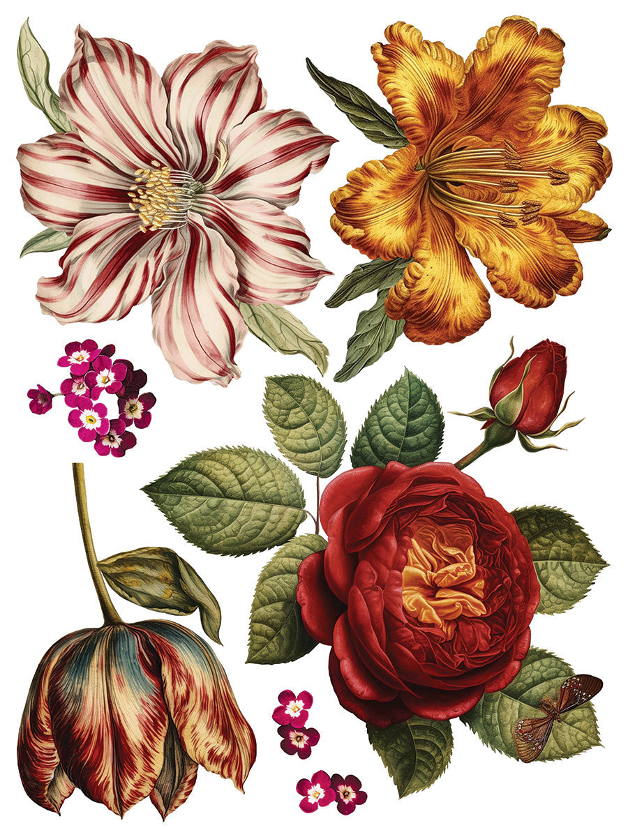 Collage De Fleurs Transfer by I.O.D. with five flowers on a white background.