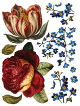 Collage De Fleurs Transfer by IOD with bold red flowers, blue clusters, and greenery.