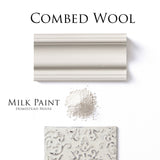Combed Wool Milk Paint sample, powder pile, and Homestead House tile in off-white shades.