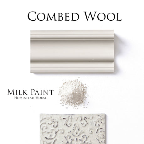 Combed Wool Milk Paint sample, powder pile, and Homestead House tile in off-white shades.