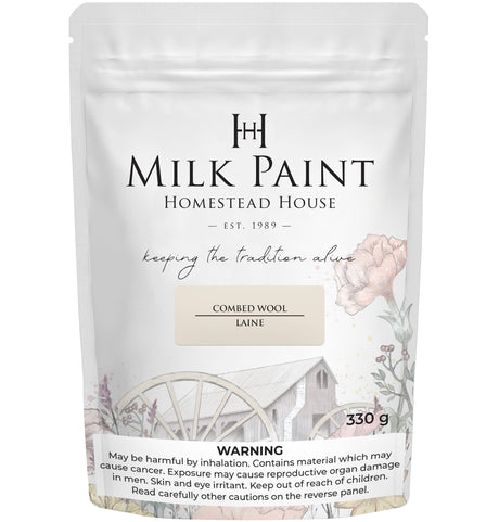 330g Combed Wool Milk Paint by Homestead House in floral and wagon wheel design packaging.
