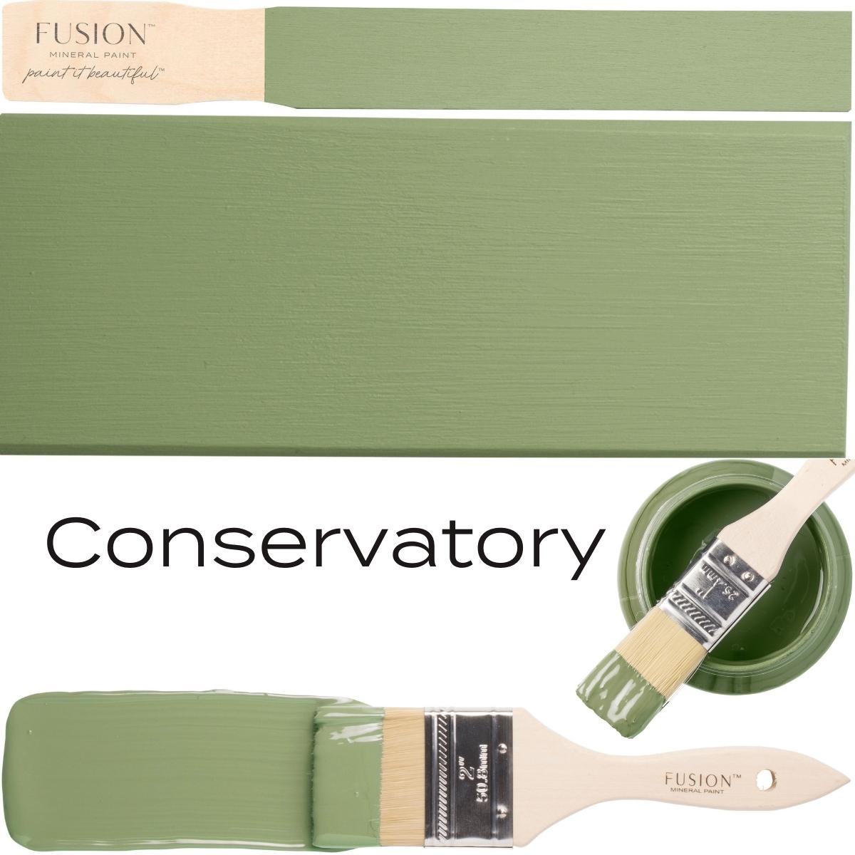 Conservatory by Fusion Mineral Paint mid-tone green acrylic displayed on swatches and in an open can.