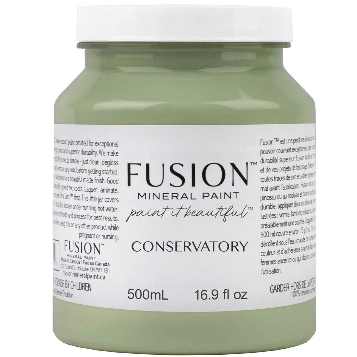 500mL Fusion Mineral Paint Conservatory, mid-tone green acrylic, with white Fusion Mineral Paint label.