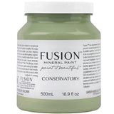 500mL Fusion Mineral Paint Conservatory, mid-tone green acrylic, with white Fusion Mineral Paint label.