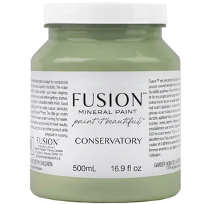 500mL Fusion Mineral Paint Conservatory, mid-tone green acrylic, with white Fusion Mineral Paint label.