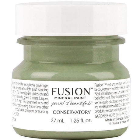 37ml jar of Conservatory Fusion Mineral Paint, mid-tone green, with a white label.