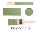 Conservatory Fusion Mineral Paint mid-tone green shown in swatch, brushout, and open tin.