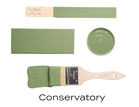Conservatory Fusion Mineral Paint mid-tone green shown in swatch, brushout, and open tin.