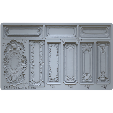 I.O.D. Conservatory Labels Mould by Iron Orchid Designs with 9 ornate, vintage-style label shapes.