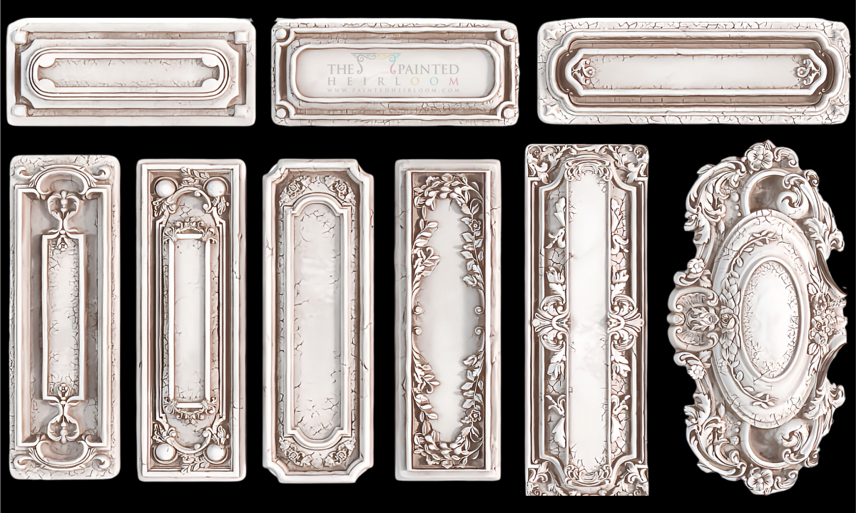 Conservatory Labels Mould by IOD with nine vintage-style panels on ivory.