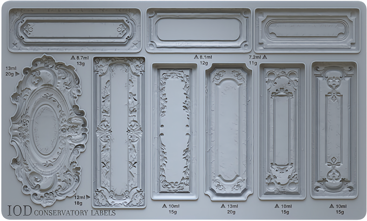 Conservatory Labels Mould by I.O.D., silicone tray with ornate label shapes, includes ml and gram markings.