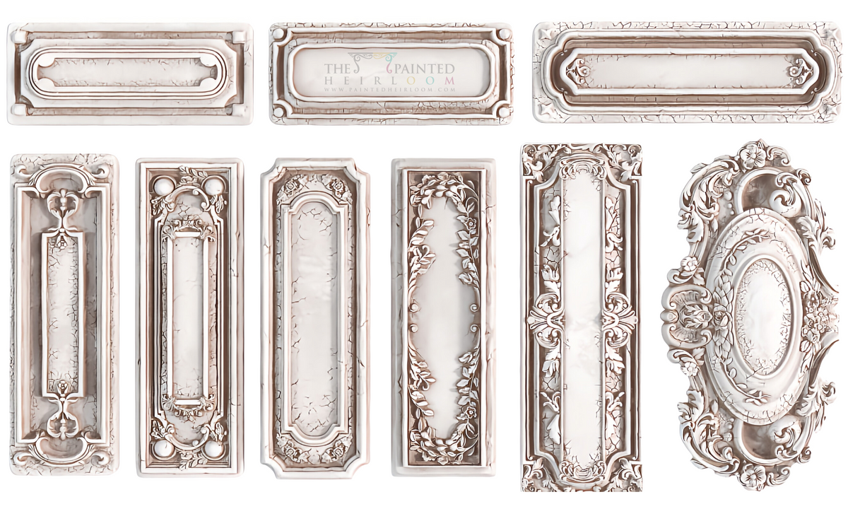 Nine rectangular panels made with I.O.D. Conservatory Labels Mould, arranged in an ornate vintage style.