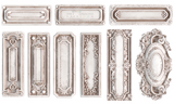 Nine rectangular panels made with I.O.D. Conservatory Labels Mould, arranged in an ornate vintage style.