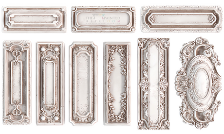 Nine rectangular panels made with I.O.D. Conservatory Labels Mould, arranged in an ornate vintage style.