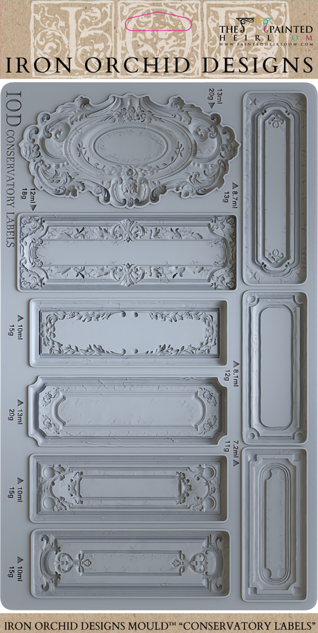 IOD Conservatory Labels Mould by I.O.D., silicone mould designed for creating vintage-style label details.