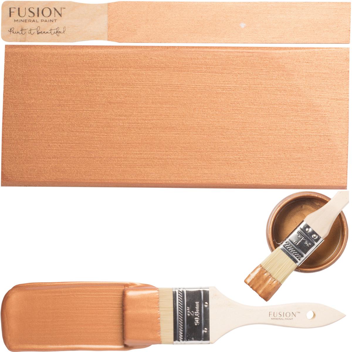 Brush, sample board, and bowl of Fusion Mineral Paint Copper Metallic displayed together.