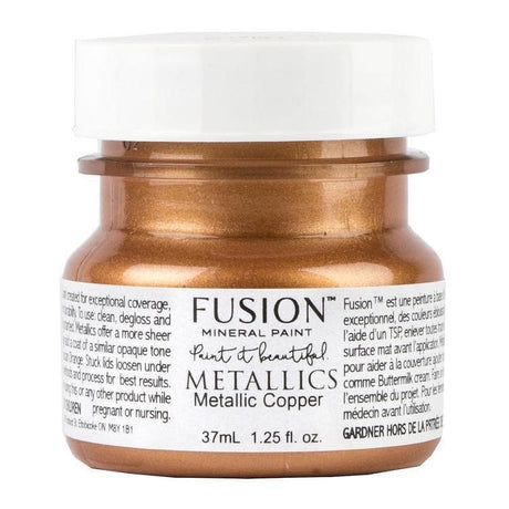 Copper Metallic Fusion Mineral Paint small jar with labeled instructions and product details visible.