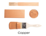 Copper Metallic Fusion Mineral Paint swatch, brush, paint stick, and pot displayed together.