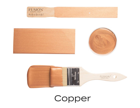 Copper Metallic Fusion Mineral Paint swatch, brush, paint stick, and pot displayed together.