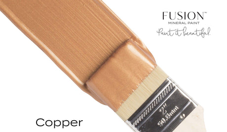 Paintbrush with Copper Metallic Fusion Mineral Paint next to “Fusion Mineral Paint and Copper” text.