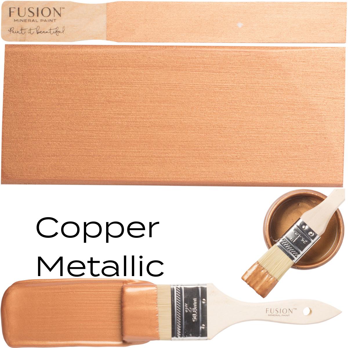 Fusion Mineral Paint Copper Metallic with paintbrush, color swatch, and small bowl on white background.
