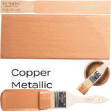 Fusion Mineral Paint Copper Metallic with paintbrush, color swatch, and small bowl on white background.