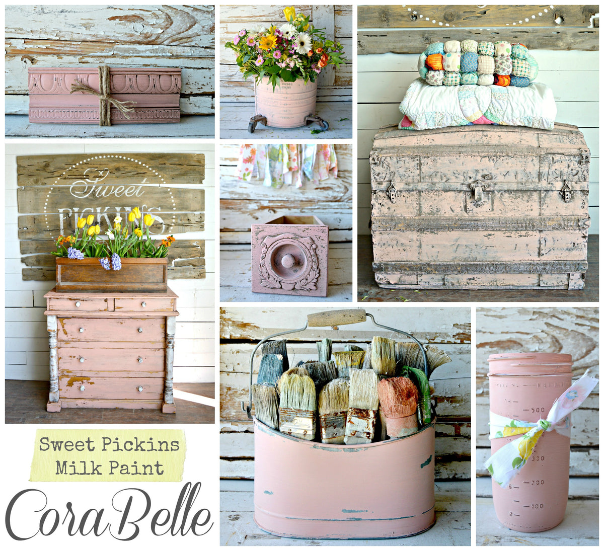 Light pink vintage items painted with Corabelle by Old Fashioned Milk Paint, shown with flowers, blankets, and paintbrushes.