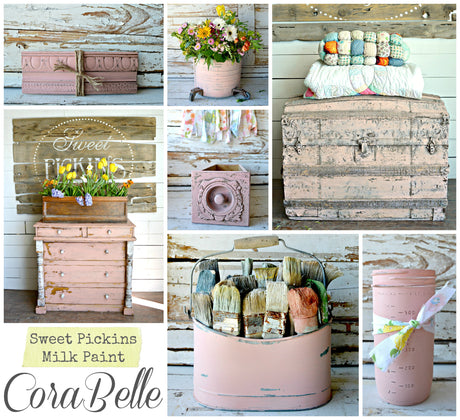 Light pink vintage items painted with Corabelle by Old Fashioned Milk Paint, shown with flowers, blankets, and paintbrushes.