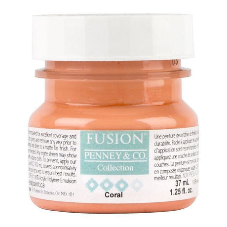 Coral Fusion Mineral Paint (Seasonal) by Fusion in a small, labeled jar with matte finish, shows true coral color.