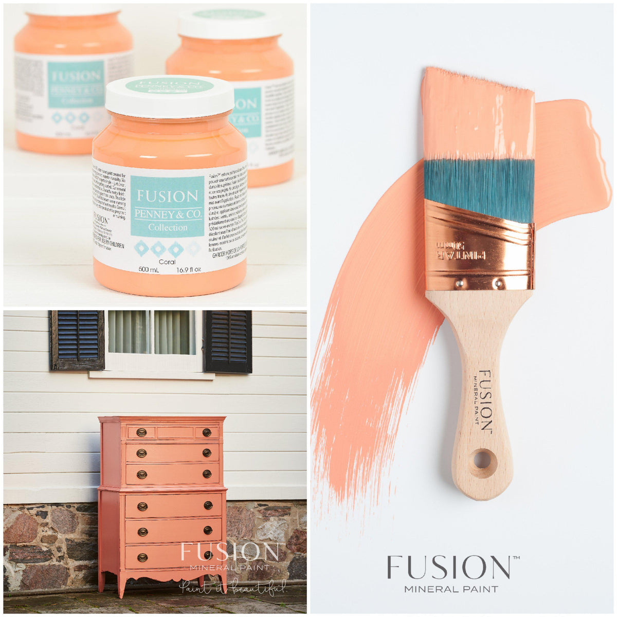 Coral Fusion Mineral Paint jars, painted dresser, and paintbrush with coral matte paint shown together.