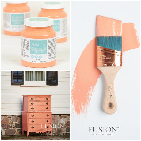 Coral Fusion Mineral Paint jars, painted dresser, and paintbrush with coral matte paint shown together.