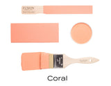 Fusion Mineral Paint Coral (Seasonal) jar, paint swatches, brush, and “Coral” text below; matte finish.
