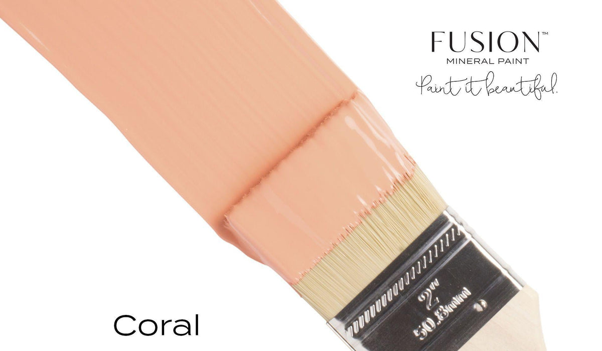 Brush with Coral Fusion Mineral Paint (Seasonal) beside Fusion Mineral Paint logo and slogan.