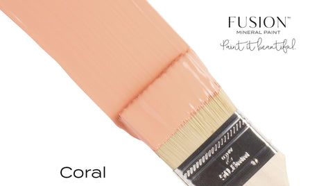 Brush with Coral Fusion Mineral Paint (Seasonal) beside Fusion Mineral Paint logo and slogan.