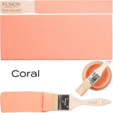 Coral Fusion Mineral Paint brush, two painted wood swatches, open paint can, and “Coral” in black text.