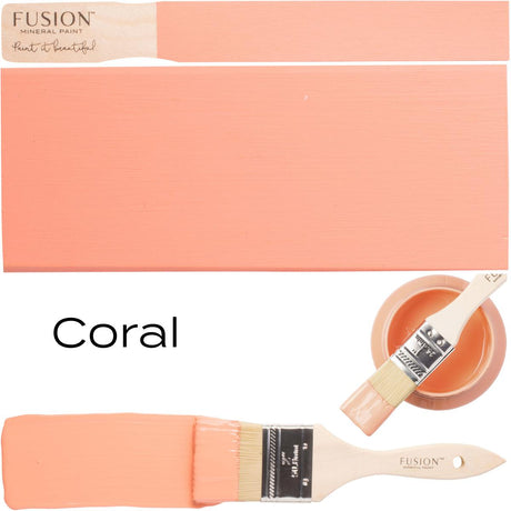Coral Fusion Mineral Paint brush, two painted wood swatches, open paint can, and “Coral” in black text.