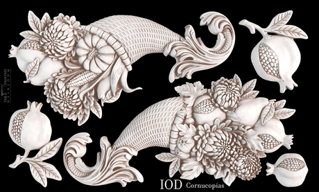 Cornucopias Mould (2026 Limited Release) by IOD featuring blooms, pumpkins, pomegranates, and leaves.