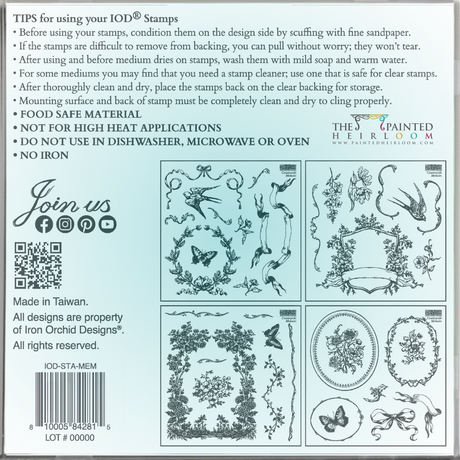 Square I.O.D. Countryside Memoirs Mini-Stamp packaging with tips, join note, and vintage stationery artwork.