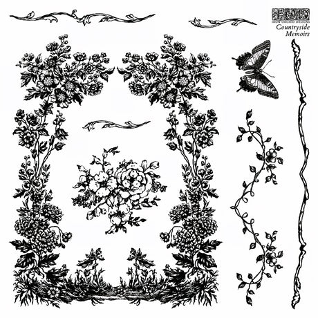 I.O.D. Countryside Memoirs Mini-Stamp featuring black floral designs, butterflies, and decorative borders.