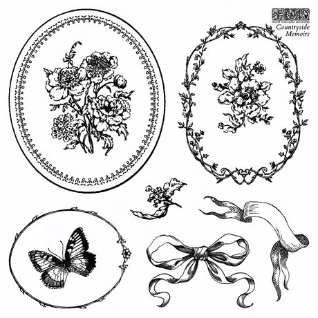 Five black and white vintage illustrations from I.O.D. Countryside Memoirs Mini-Stamp by Iron Orchid Designs.