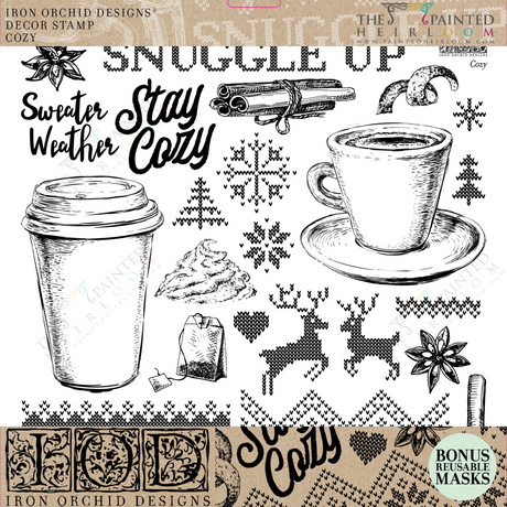 I.O.D. Cozy Stamp (2022 Limited Release) black-and-white art by Iron Orchid Designs on white background.
